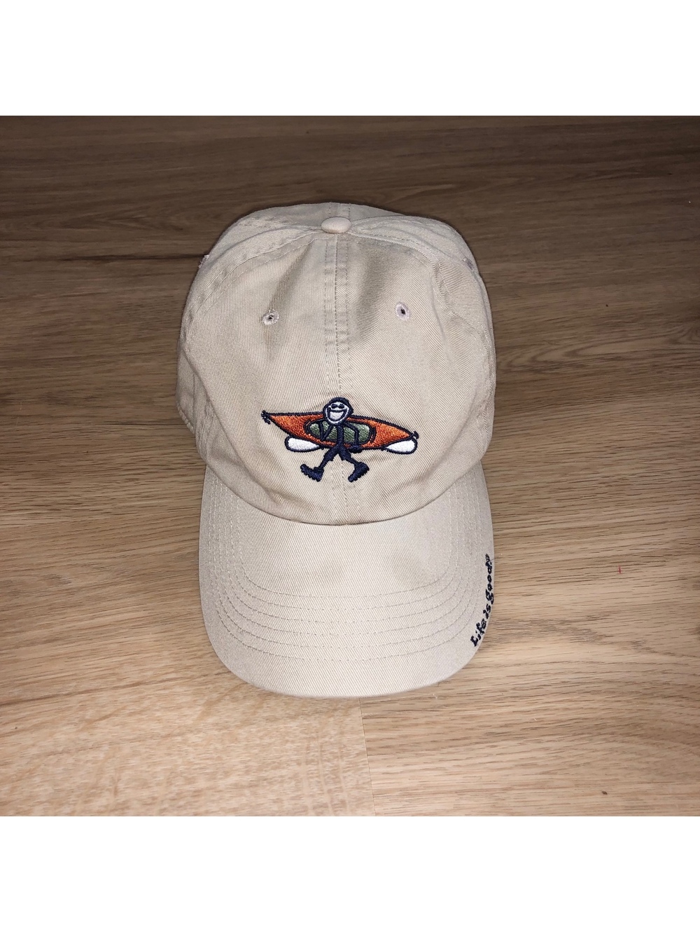 LIFE IS GOOD JAKE KAYAK HIKING CANOE ADJUSTABLE STRAPBACK KHAKI TAN HAT CAP